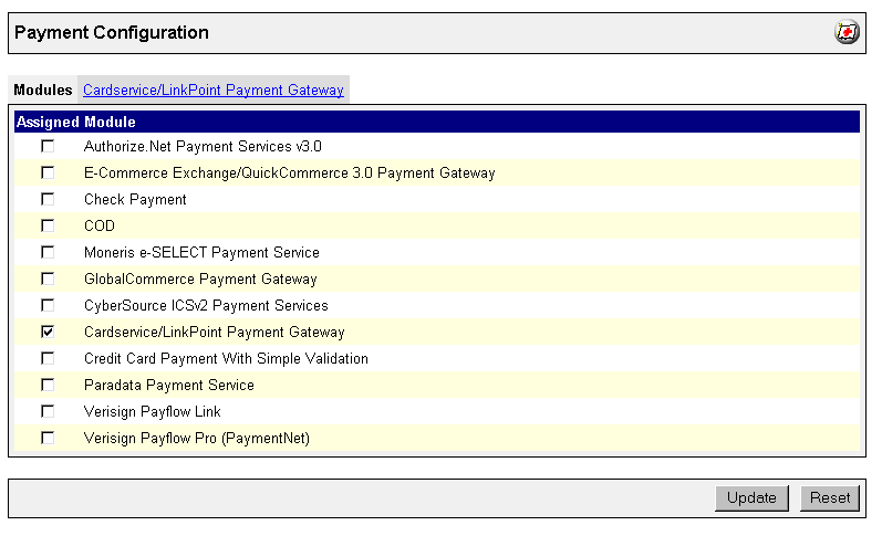 Miva Merchant - Payment Configuration Menu